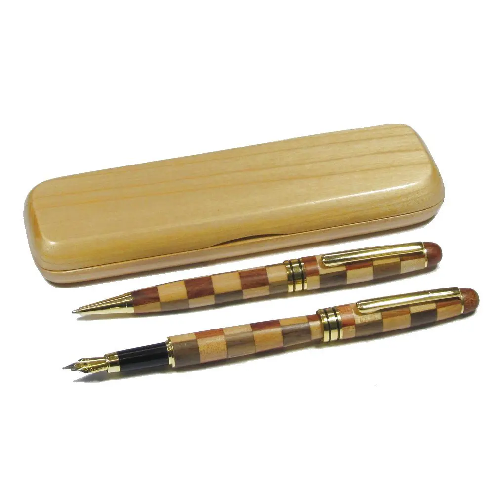 Mixed Wood Ballpoint and Fountain Pen Set in Box
