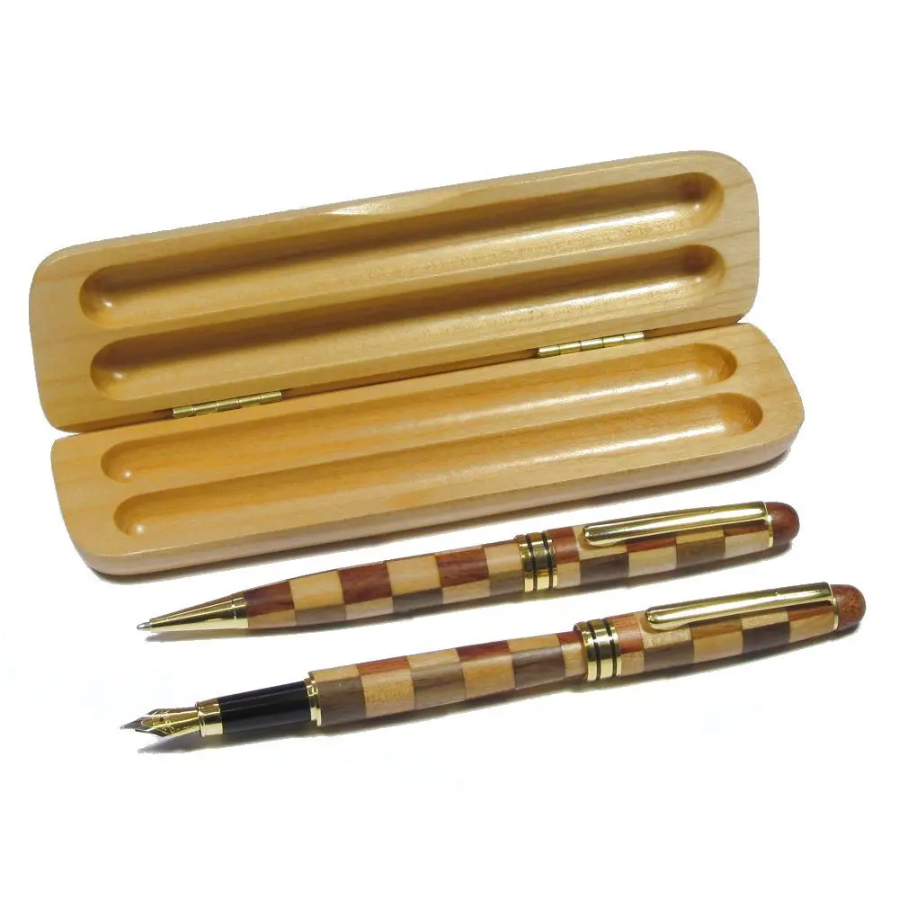 Mixed Wood Ballpoint and Fountain Pen Set in Box - Image 2