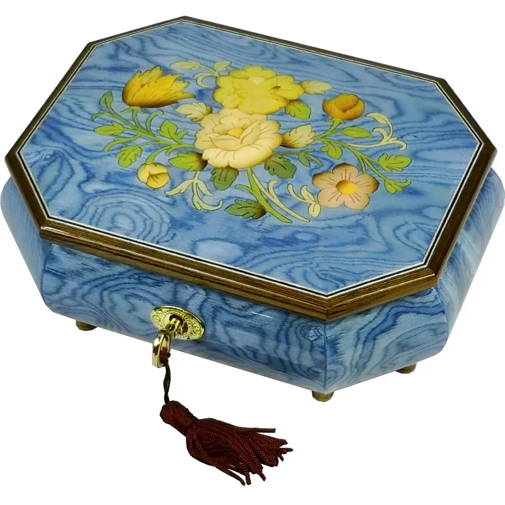 Handcrafted Wooden Blue Maple Burl Musical Jewellery Box with Marquetry Inlay
