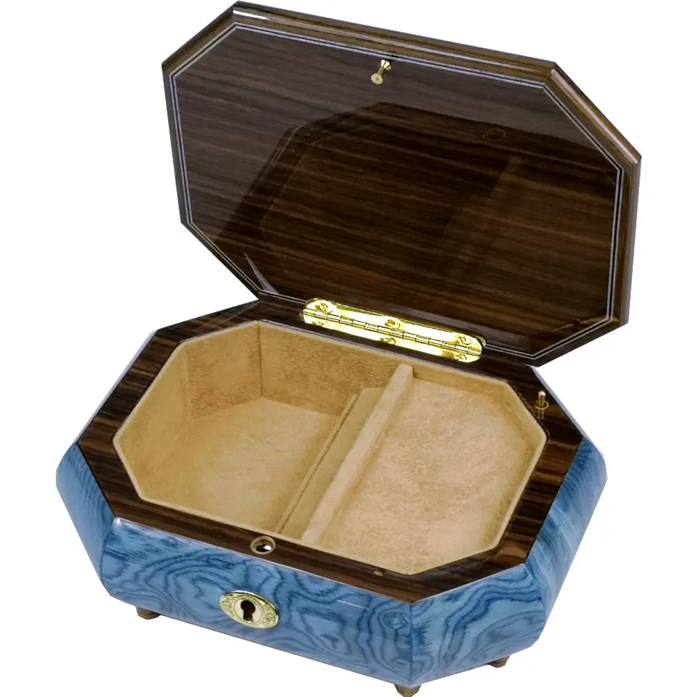 Handcrafted Wooden Blue Maple Burl Musical Jewellery Box with Marquetry Inlay - Image 2