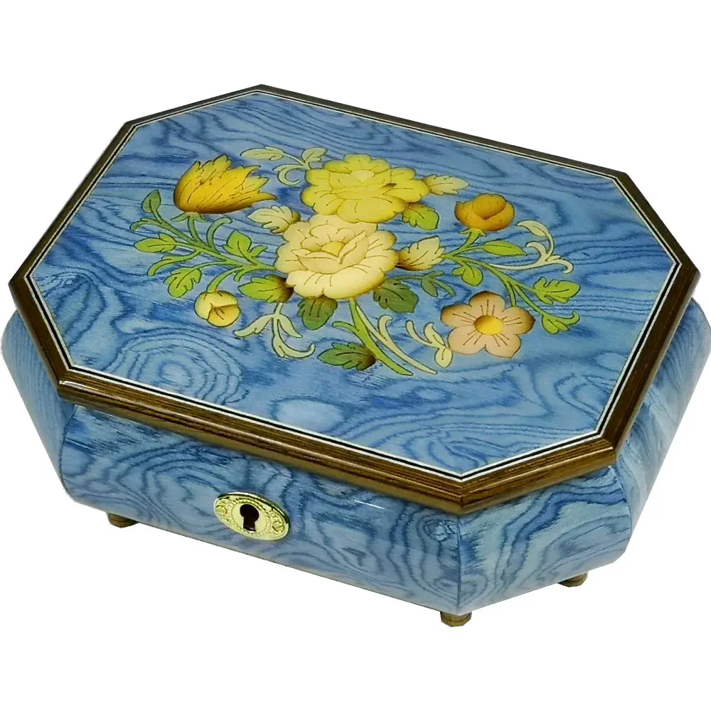Handcrafted Wooden Blue Maple Burl Musical Jewellery Box with Marquetry Inlay - Image 3