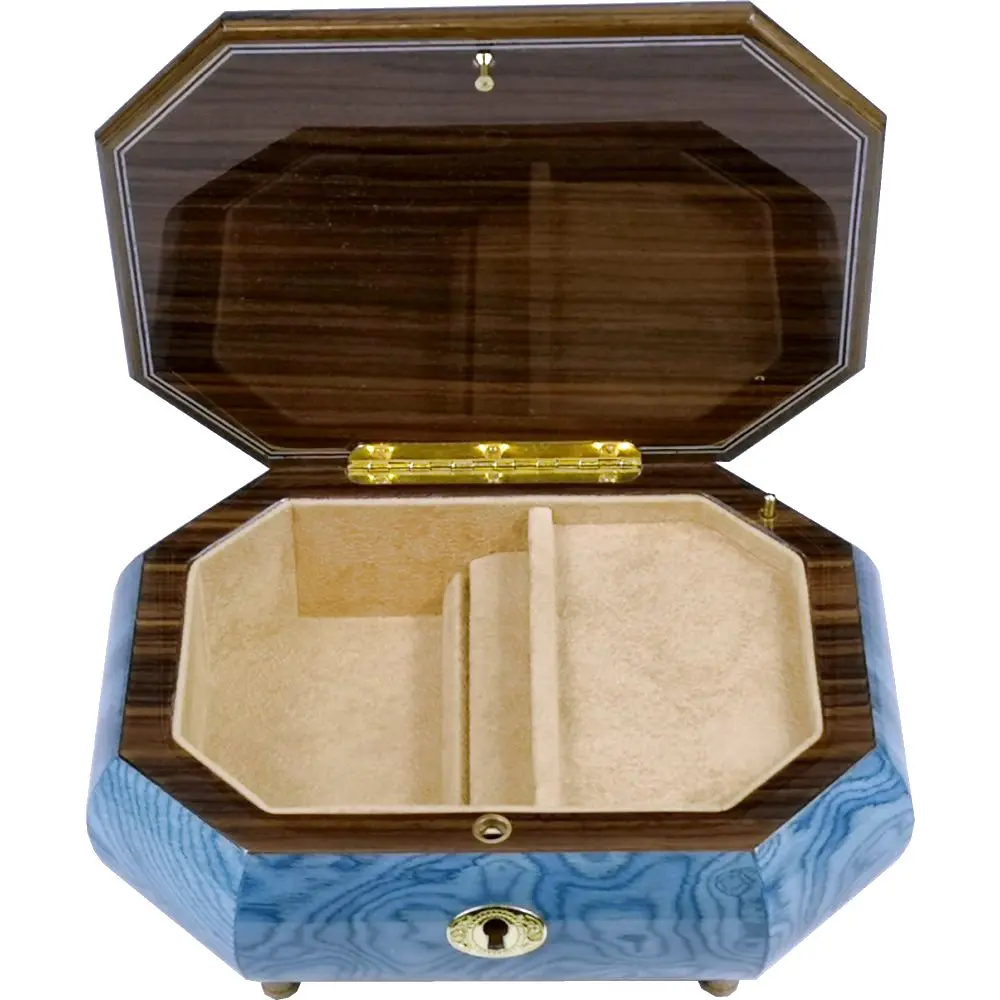 Handcrafted Wooden Blue Maple Burl Musical Jewellery Box with Marquetry Inlay - Image 5