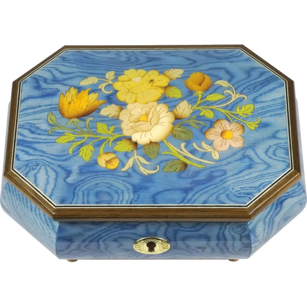 Handcrafted Wooden Blue Maple Burl Musical Jewellery Box with Marquetry Inlay - Image 6