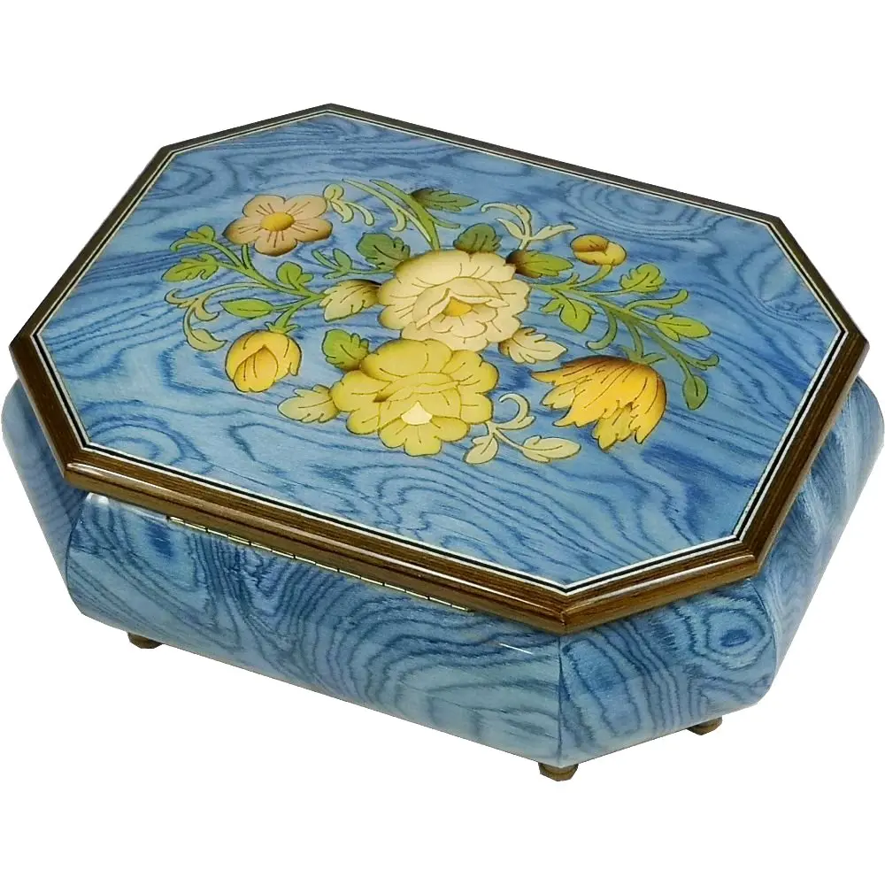 Handcrafted Wooden Blue Maple Burl Musical Jewellery Box with Marquetry Inlay - Image 7