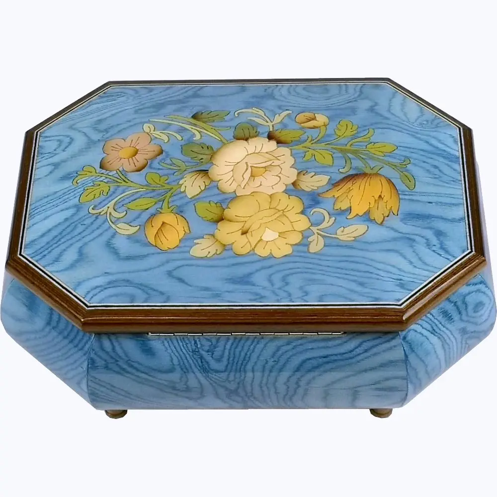 Handcrafted Wooden Blue Maple Burl Musical Jewellery Box with Marquetry Inlay - Image 8