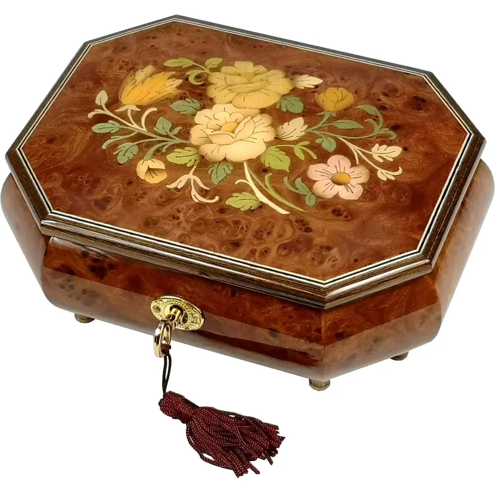 Handcrafted Wooden Elm Burl Musical Jewellery Box with Marquetry Inlay