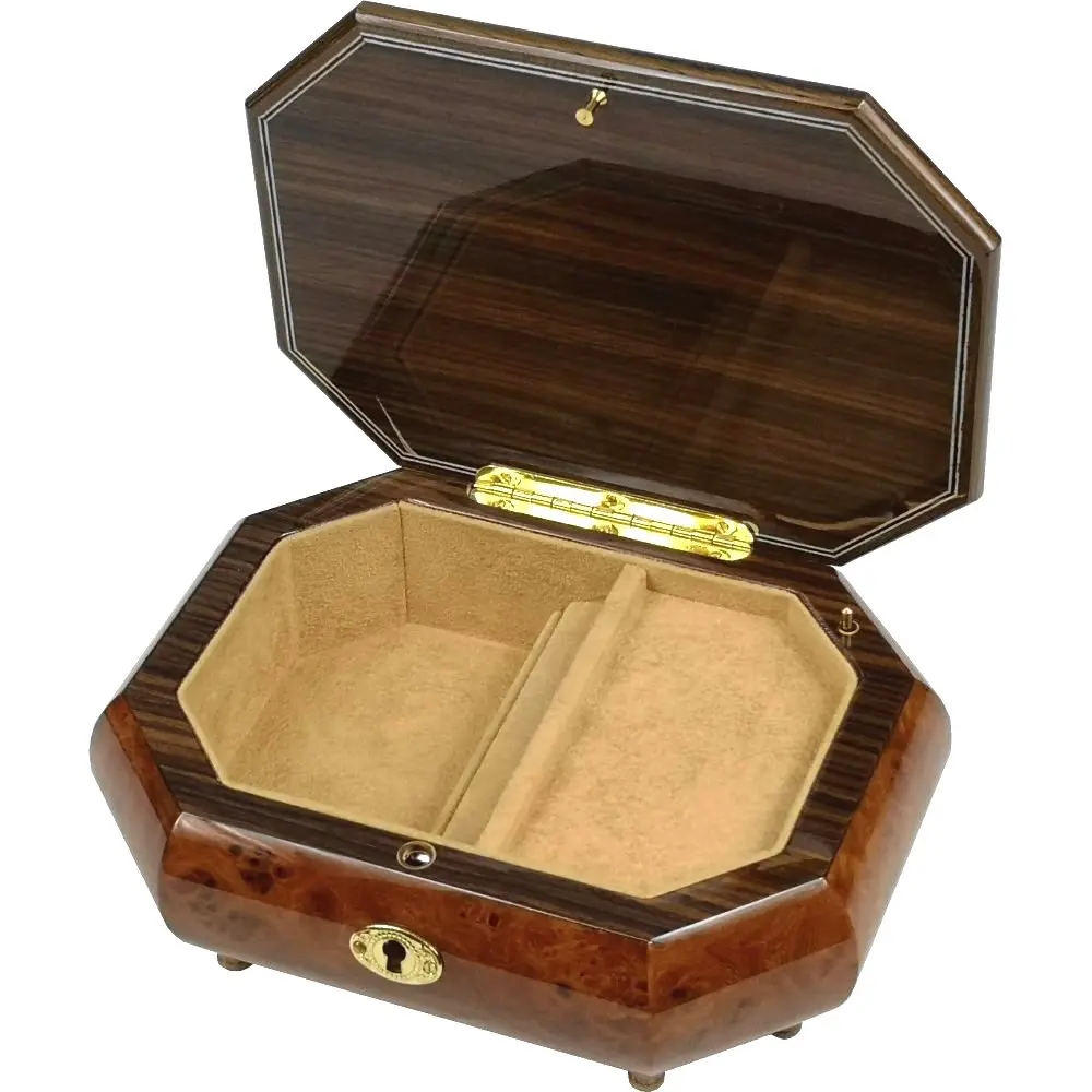 Handcrafted Wooden Elm Burl Musical Jewellery Box with Marquetry Inlay - Image 2
