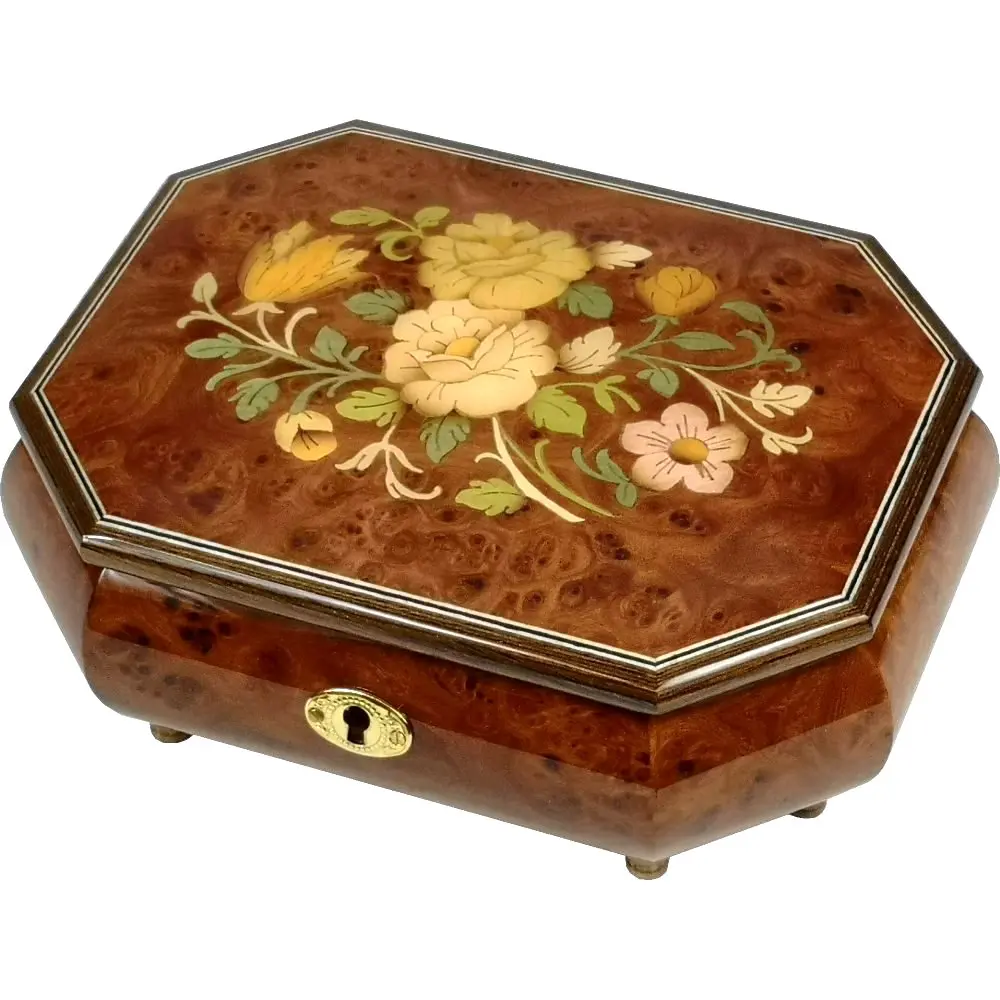 Handcrafted Wooden Elm Burl Musical Jewellery Box with Marquetry Inlay - Image 4