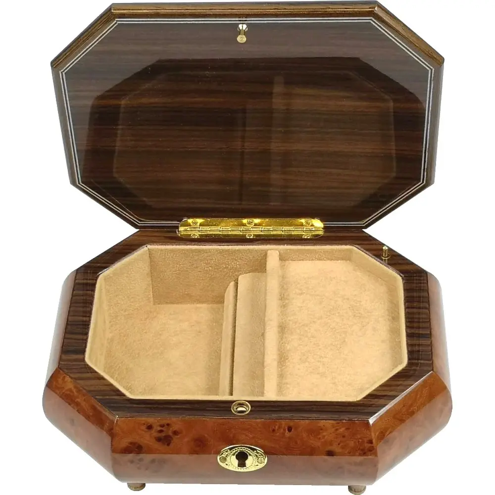Handcrafted Wooden Elm Burl Musical Jewellery Box with Marquetry Inlay - Image 5