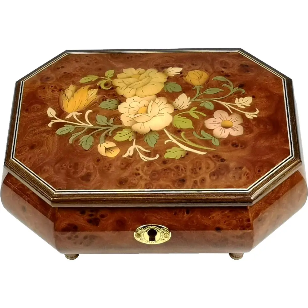 Handcrafted Wooden Elm Burl Musical Jewellery Box with Marquetry Inlay - Image 6