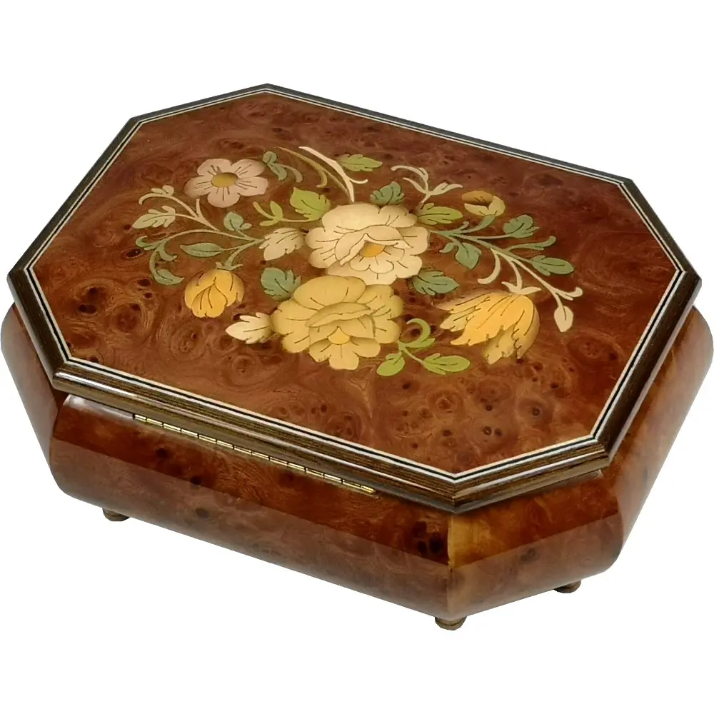 Handcrafted Wooden Elm Burl Musical Jewellery Box with Marquetry Inlay - Image 7