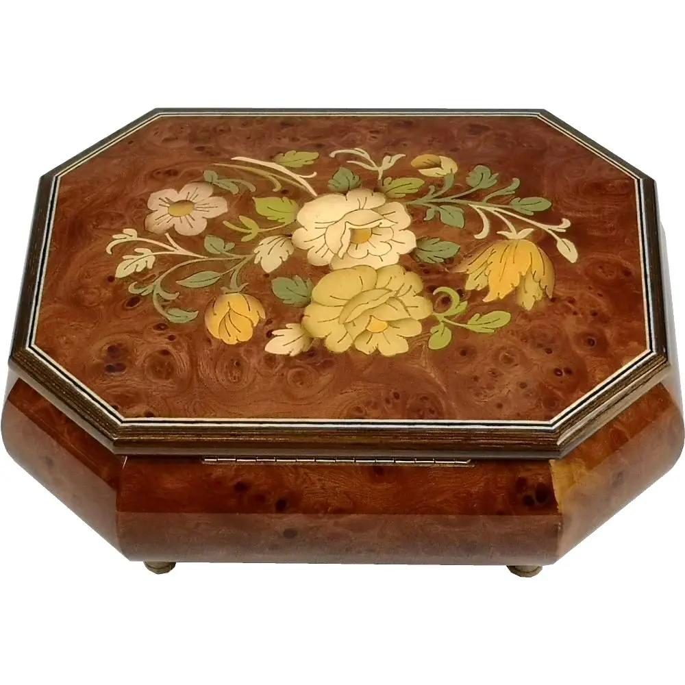 Handcrafted Wooden Elm Burl Musical Jewellery Box with Marquetry Inlay - Image 8
