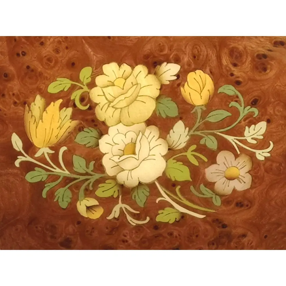 Handcrafted Wooden Elm Burl Musical Jewellery Box with Marquetry Inlay - Image 3