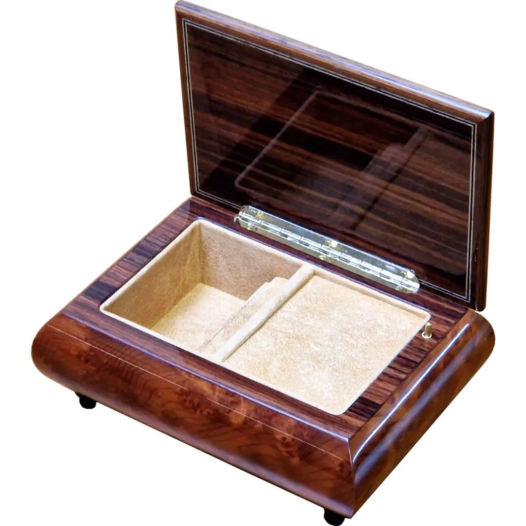 Handcrafted Wooden Elm Burl Musical Jewellery Box with Marquetry Inlay - Image 2