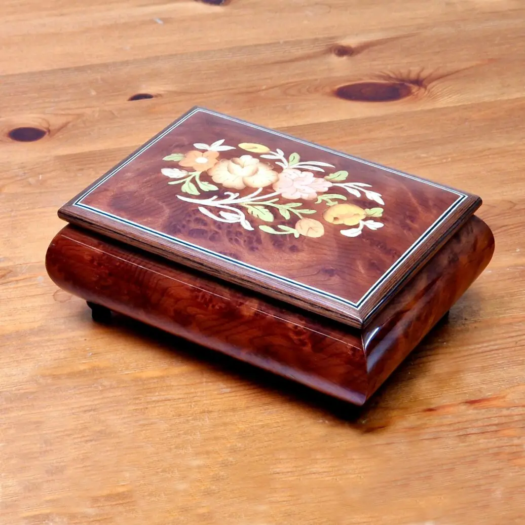 Handcrafted Wooden Elm Burl Musical Jewellery Box with Marquetry Inlay - Image 7