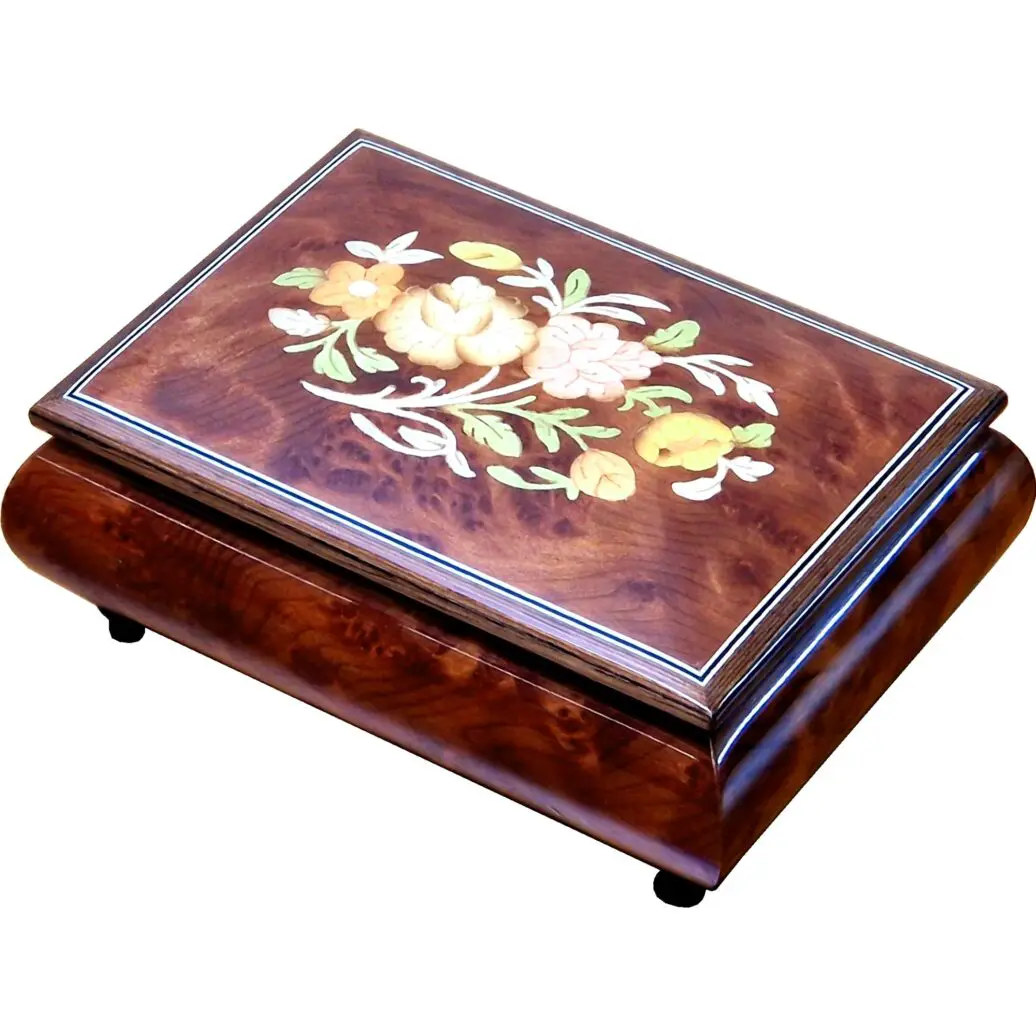 Handcrafted Wooden Elm Burl Musical Jewellery Box with Marquetry Inlay