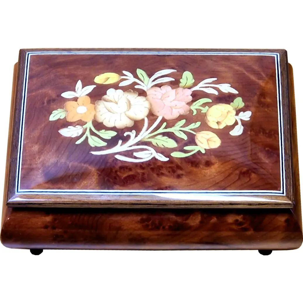Handcrafted Wooden Elm Burl Musical Jewellery Box with Marquetry Inlay - Image 3