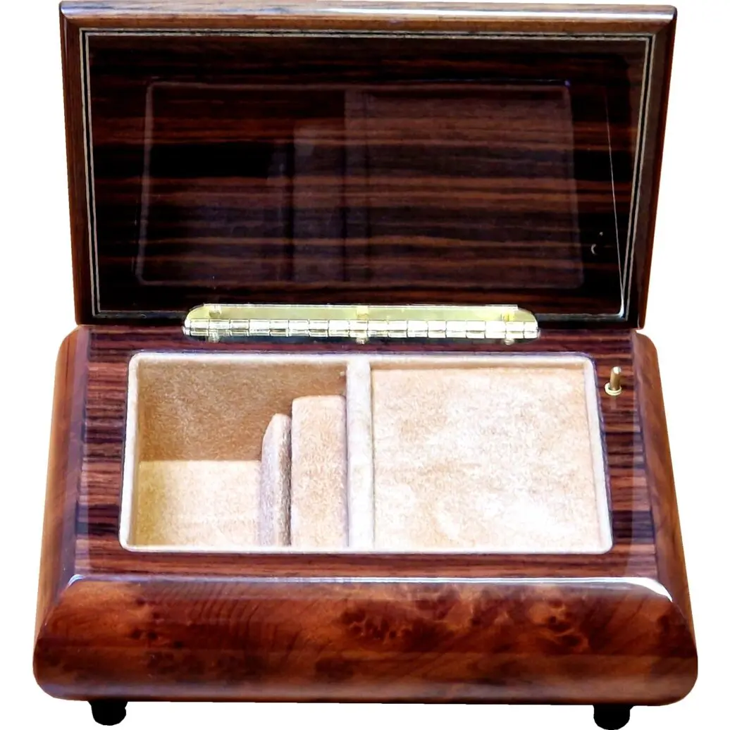 Handcrafted Wooden Elm Burl Musical Jewellery Box with Marquetry Inlay - Image 4