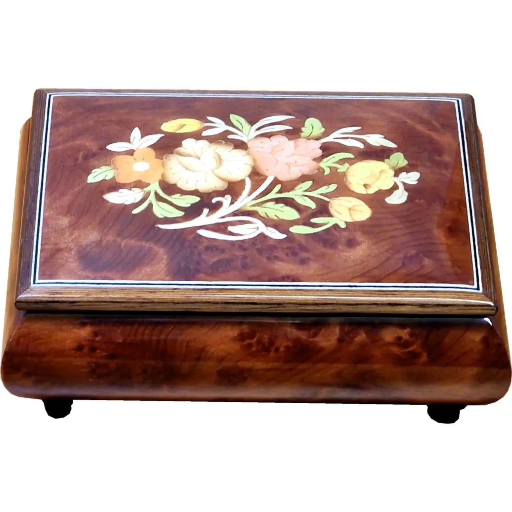 Handcrafted Wooden Elm Burl Musical Jewellery Box with Marquetry Inlay - Image 6