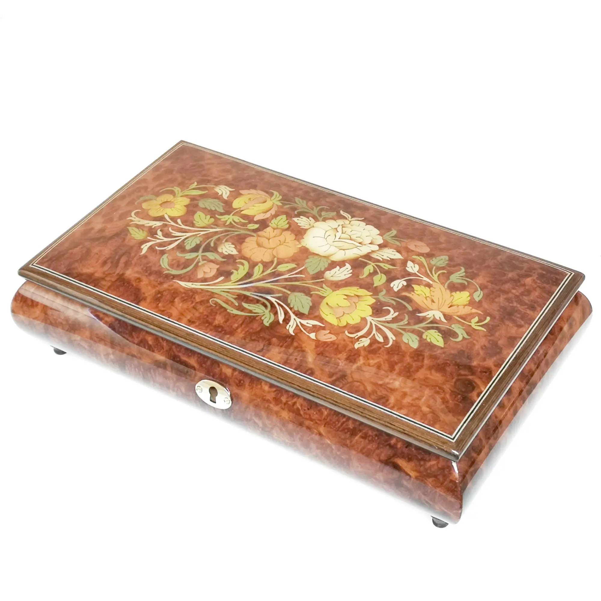 Handcrafted Wooden Elm Burl Musical Jewellery Box with Marquetry Inlay - Image 5