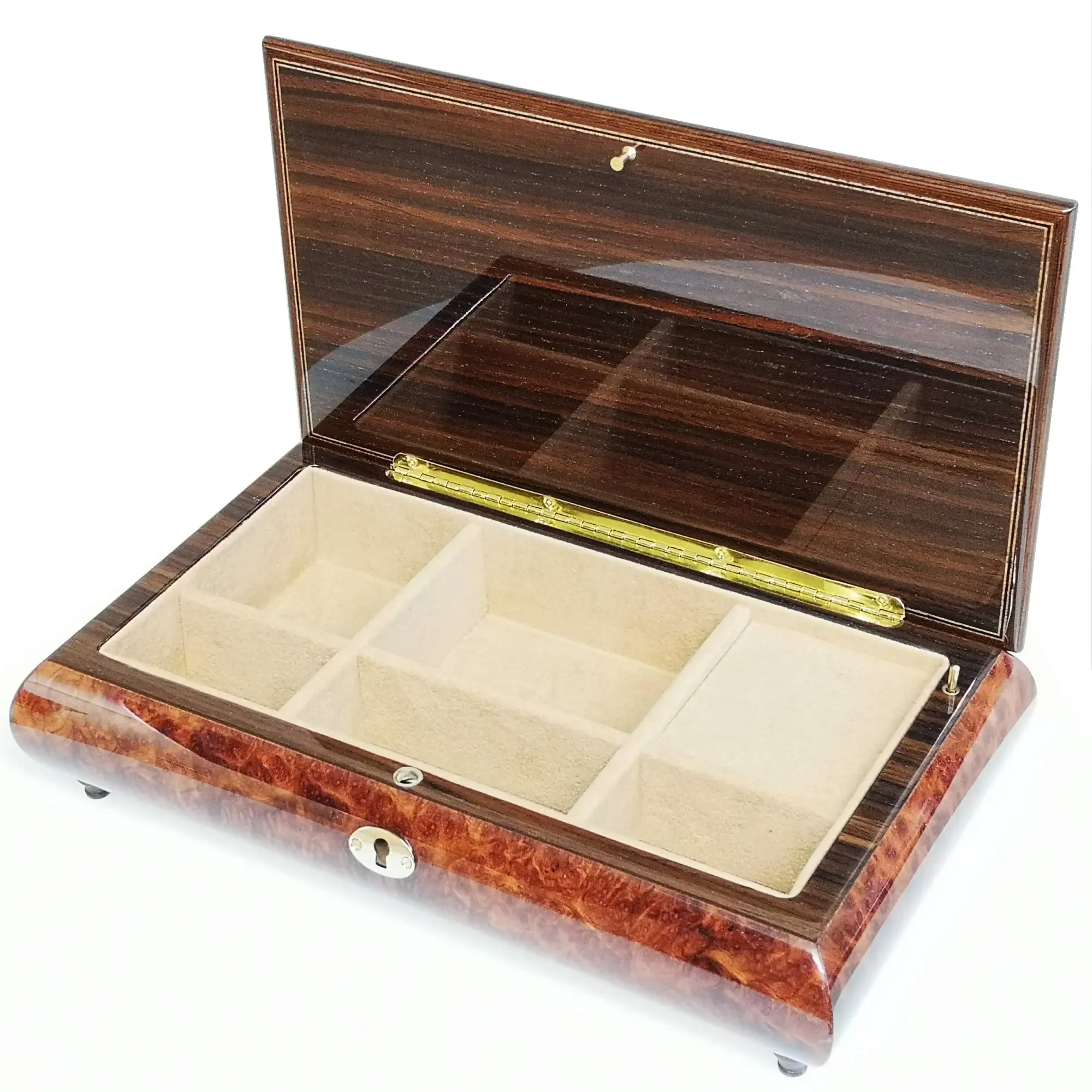 Handcrafted Wooden Elm Burl Musical Jewellery Box with Marquetry Inlay - Image 2