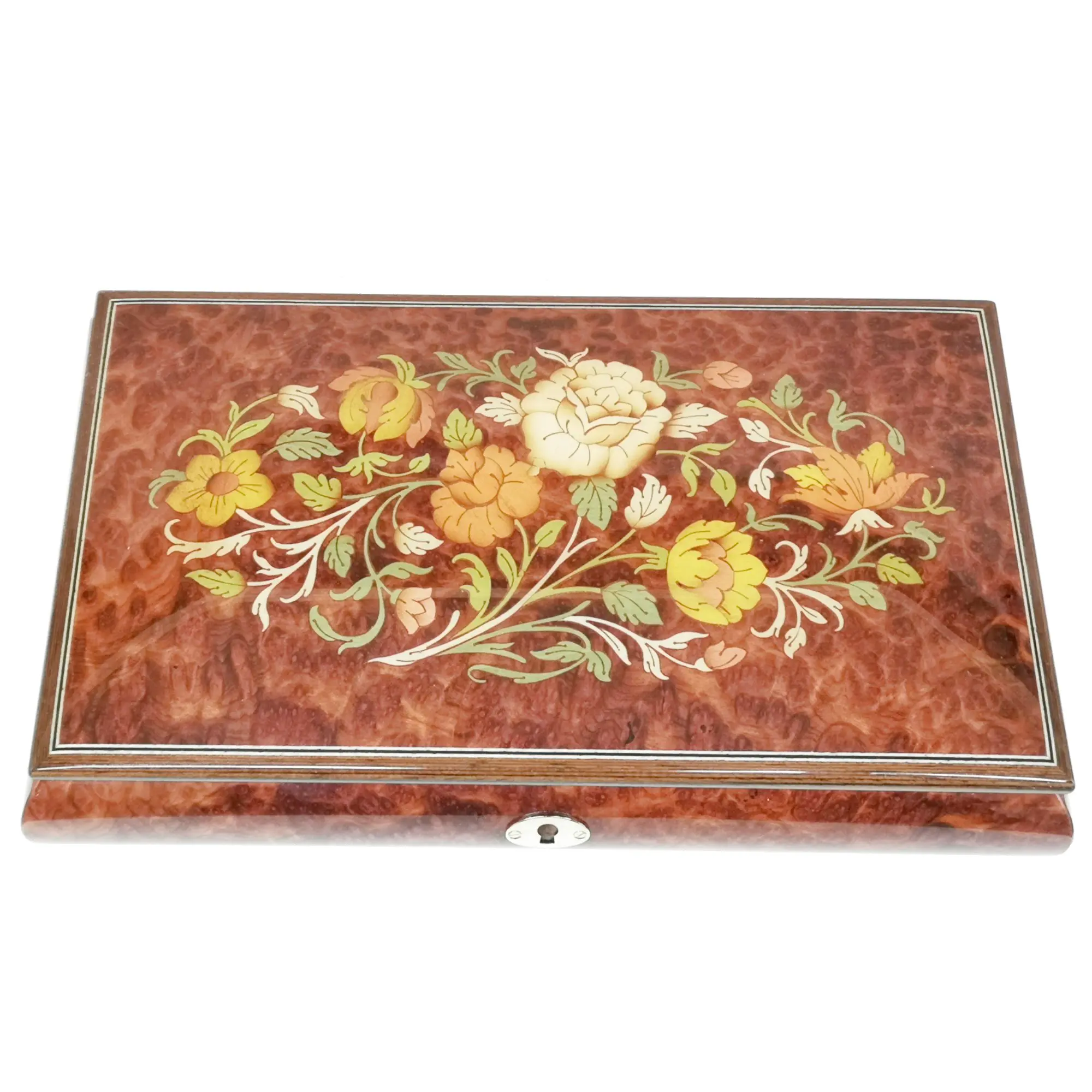 Handcrafted Wooden Elm Burl Musical Jewellery Box with Marquetry Inlay - Image 3