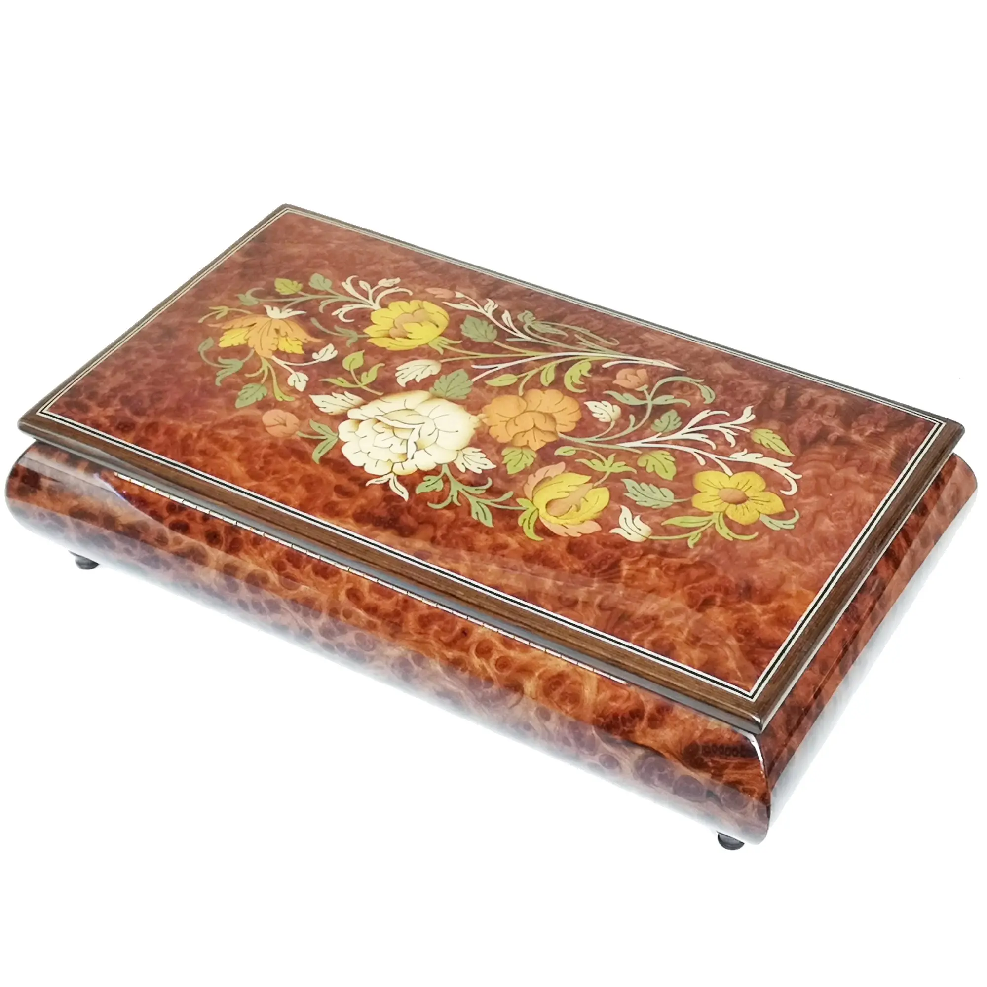 Handcrafted Wooden Elm Burl Musical Jewellery Box with Marquetry Inlay - Image 9