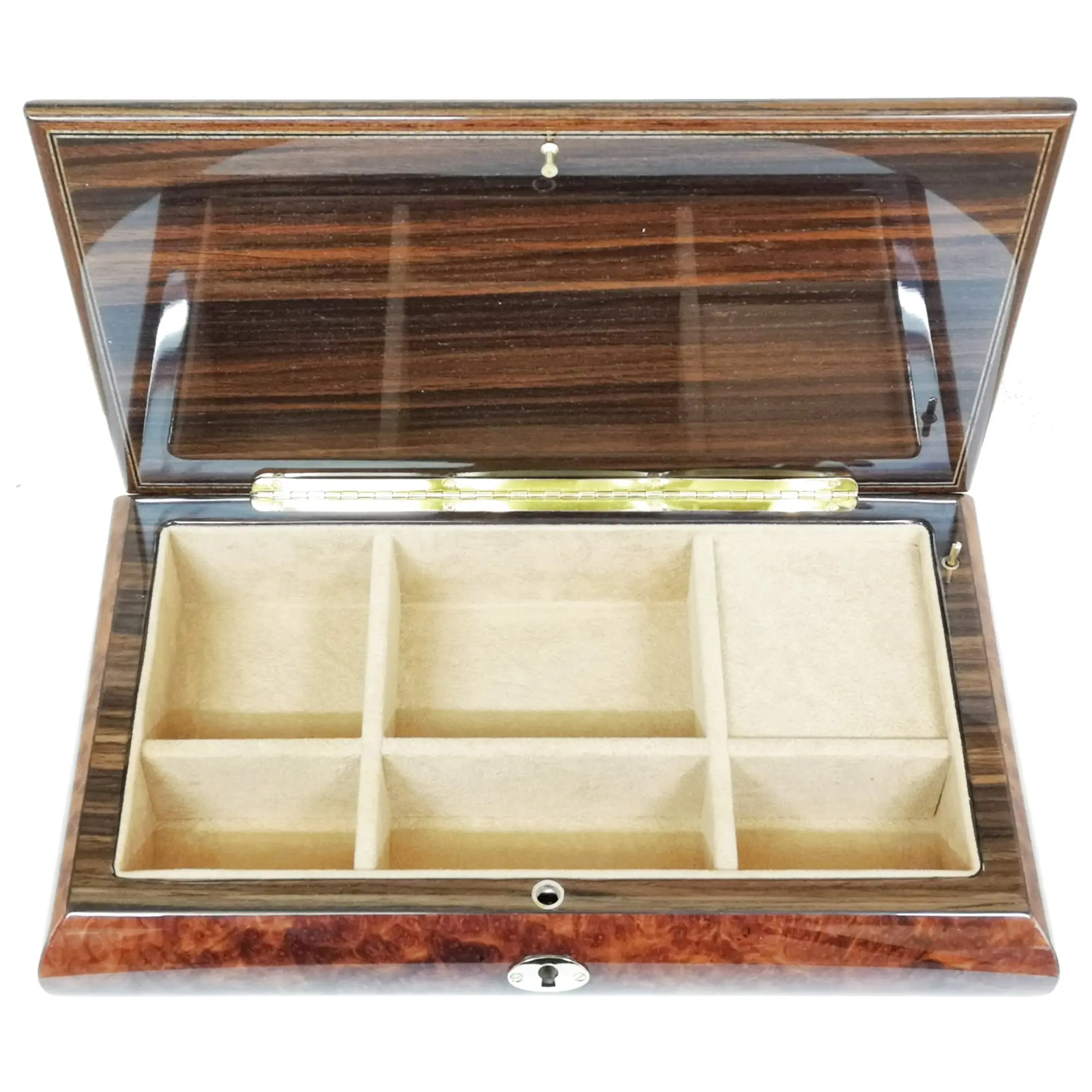 Handcrafted Wooden Elm Burl Musical Jewellery Box with Marquetry Inlay - Image 4