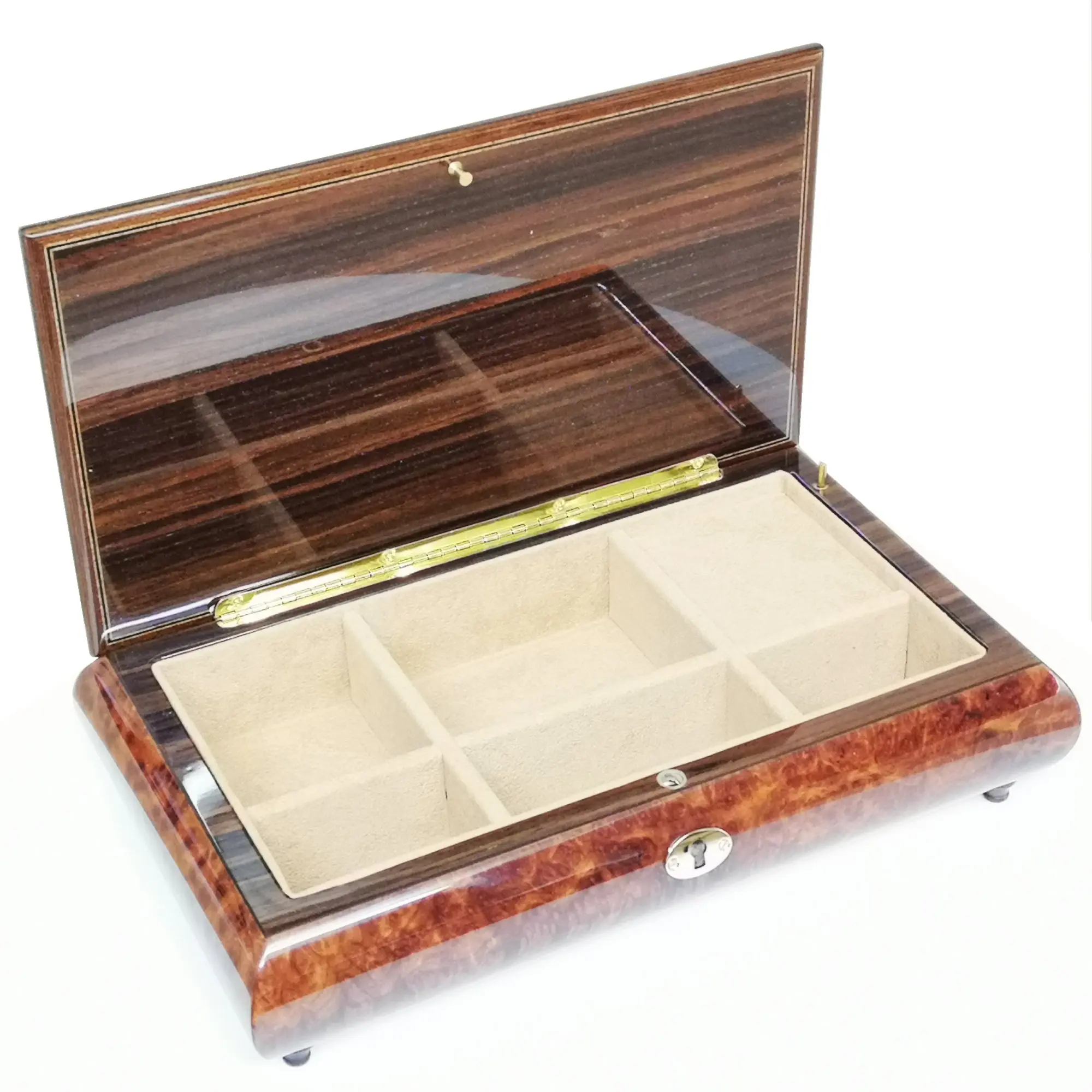 Handcrafted Wooden Elm Burl Musical Jewellery Box with Marquetry Inlay - Image 6