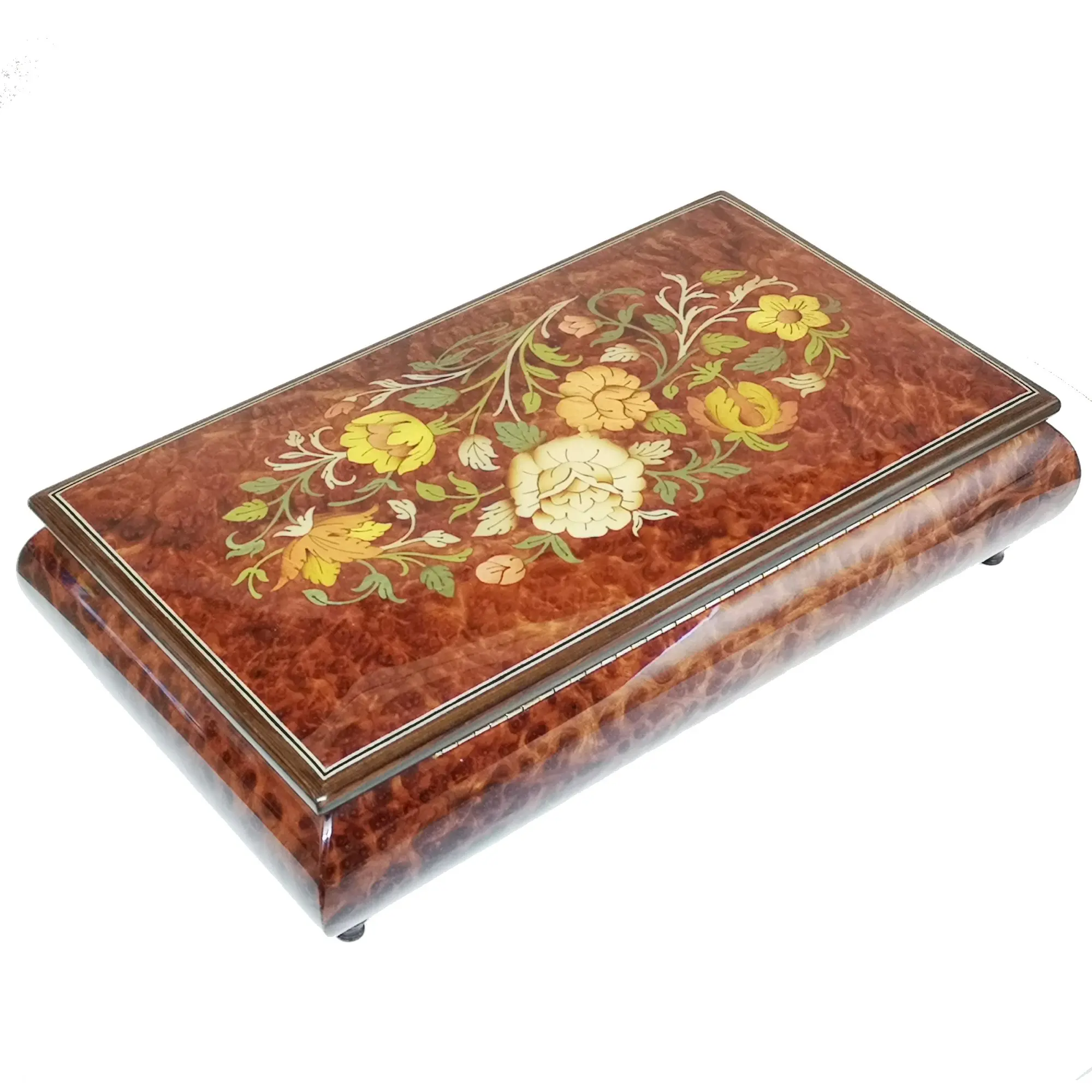 Handcrafted Wooden Elm Burl Musical Jewellery Box with Marquetry Inlay - Image 8