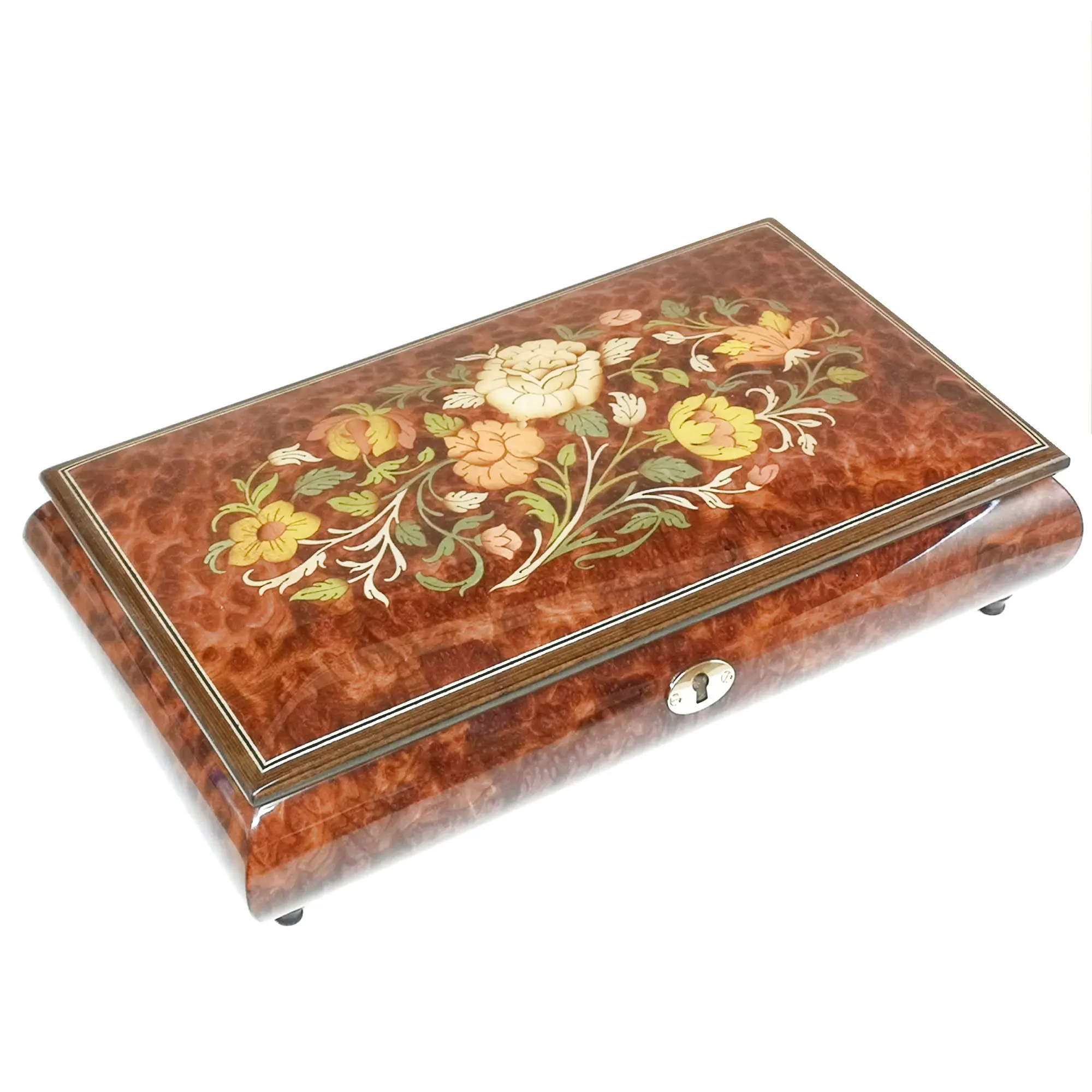Handcrafted Wooden Elm Burl Musical Jewellery Box with Marquetry Inlay - Image 7