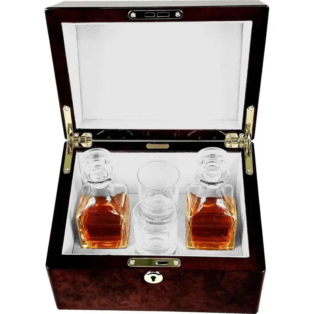 Hillwood Double Mini Decanter and Crystal Shot Glass Set in a Luxury English Burl Walnut Box. - Image 5