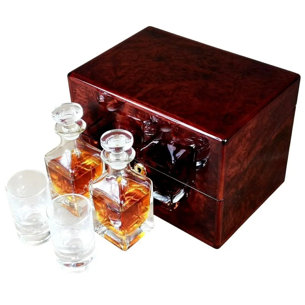 Hillwood Double Mini Decanter and Crystal Shot Glass Set in a Luxury English Burl Walnut Box. - Image 2