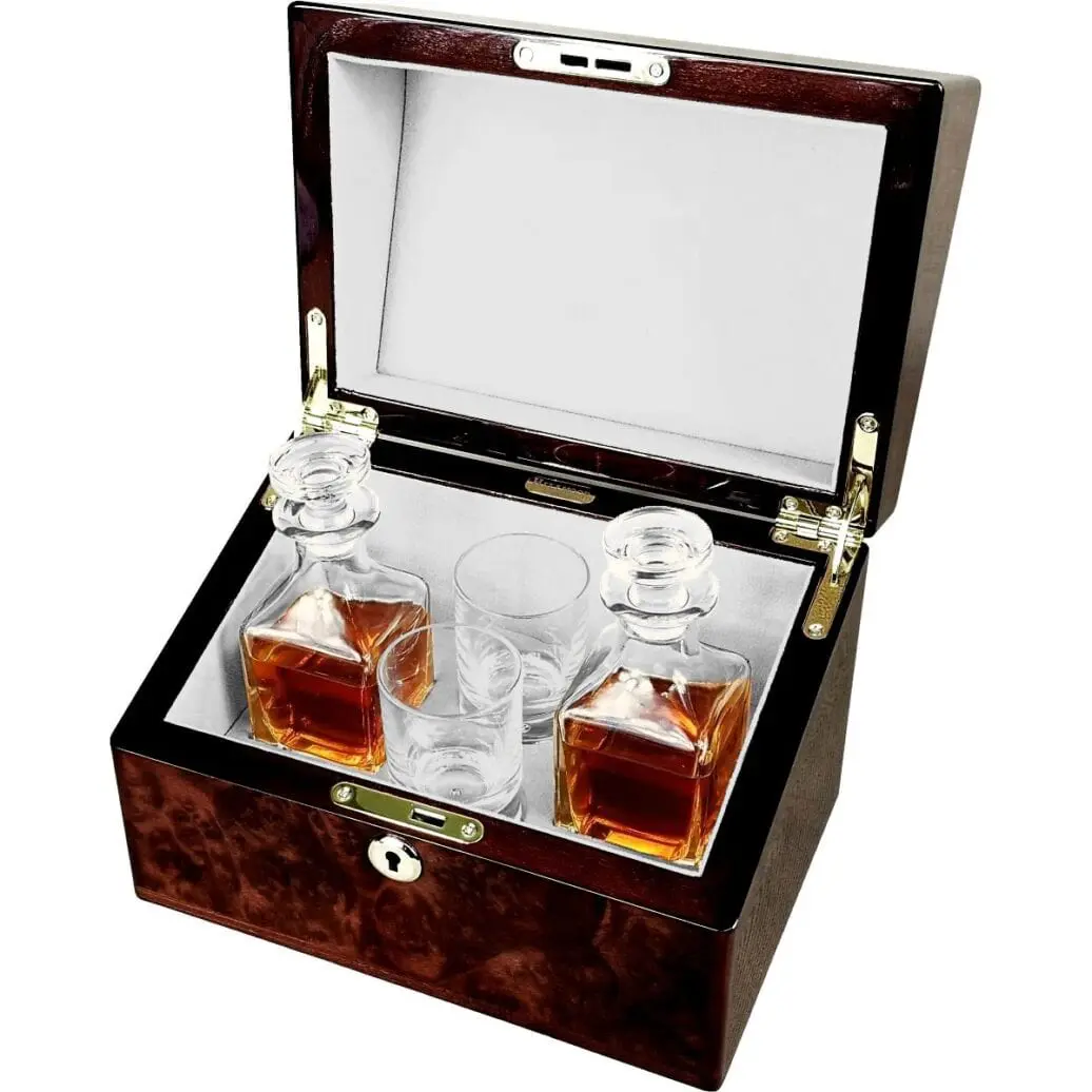 Hillwood Double Mini Decanter and Crystal Shot Glass Set in a Luxury English Burl Walnut Box.