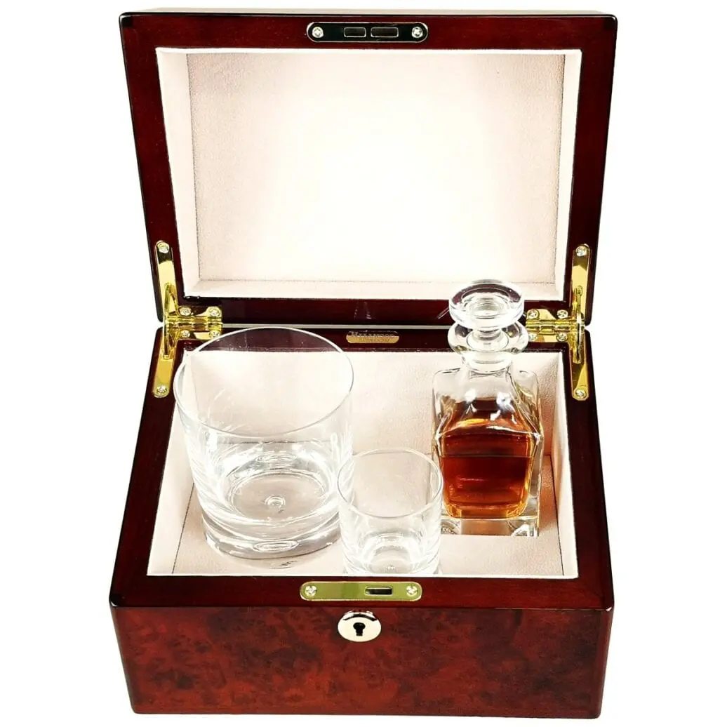Hillwood Mini Decanter , Crystal Whisky Tumbler and Shot Glass Set in a Luxury Makah Burlwood Box - Image 7