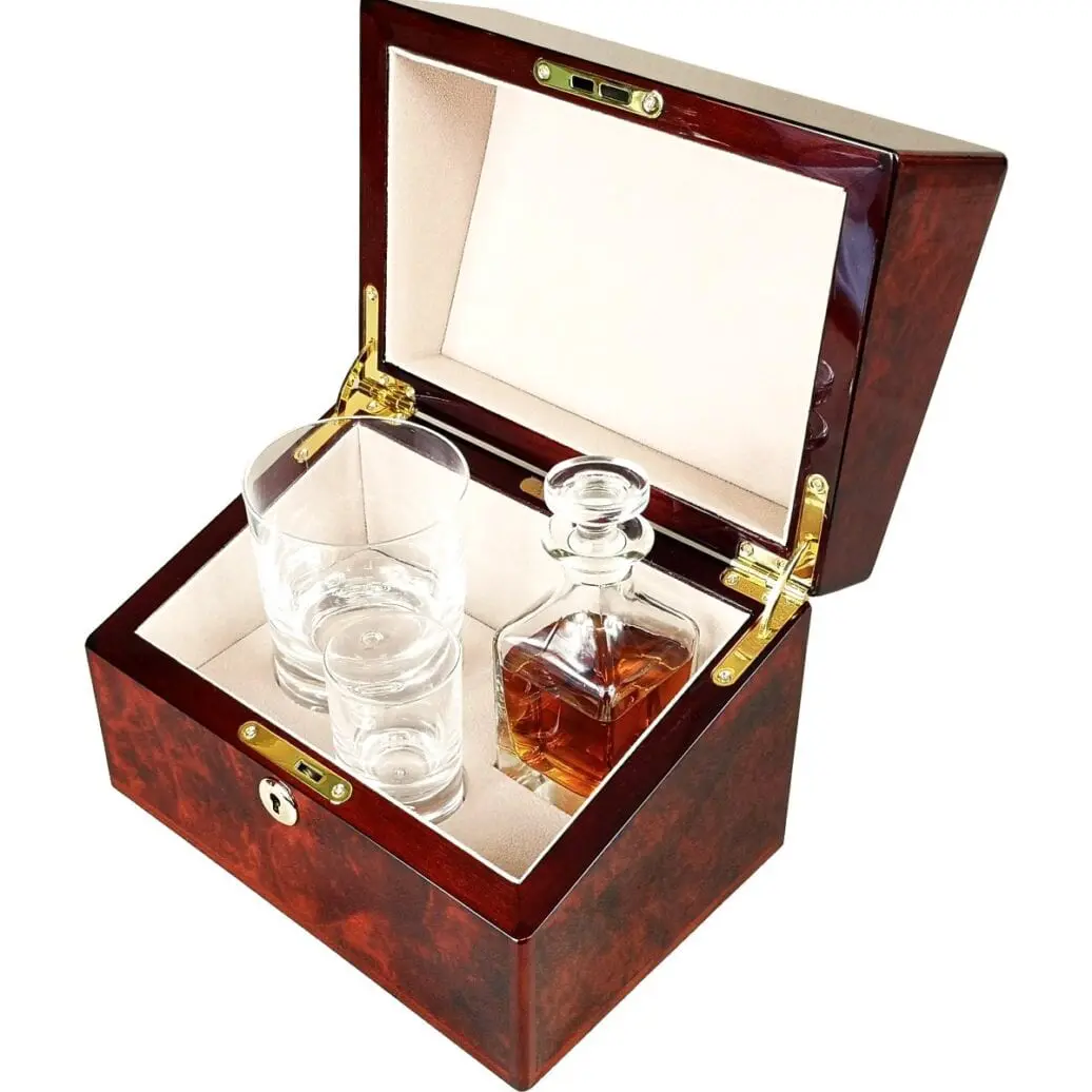 Hillwood Mini Decanter , Crystal Whisky Tumbler and Shot Glass Set in a Luxury Makah Burlwood Box - Image 8