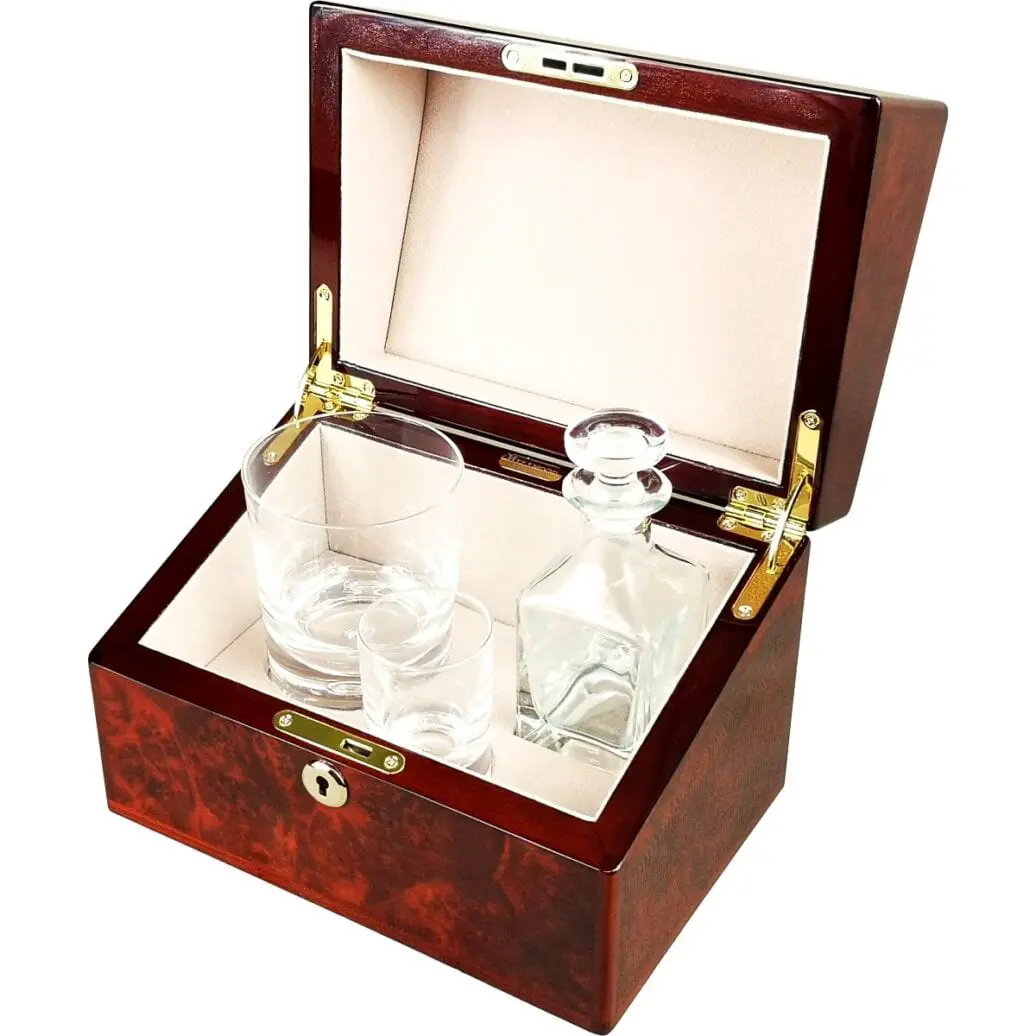 Hillwood Mini Decanter , Crystal Whisky Tumbler and Shot Glass Set in a Luxury Makah Burlwood Box - Image 5