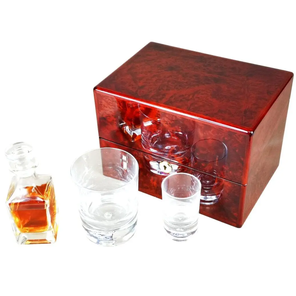 Hillwood Mini Decanter , Crystal Whisky Tumbler and Shot Glass Set in a Luxury Makah Burlwood Box - Image 2