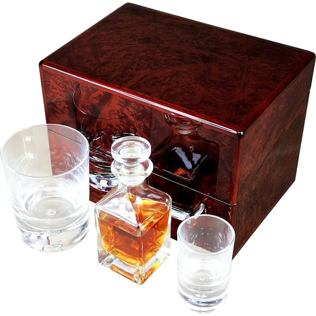 Hillwood Mini Decanter , Crystal Whisky Tumbler and Shot Glass Set in a Luxury  English Burl Walnut Box. - Image 2