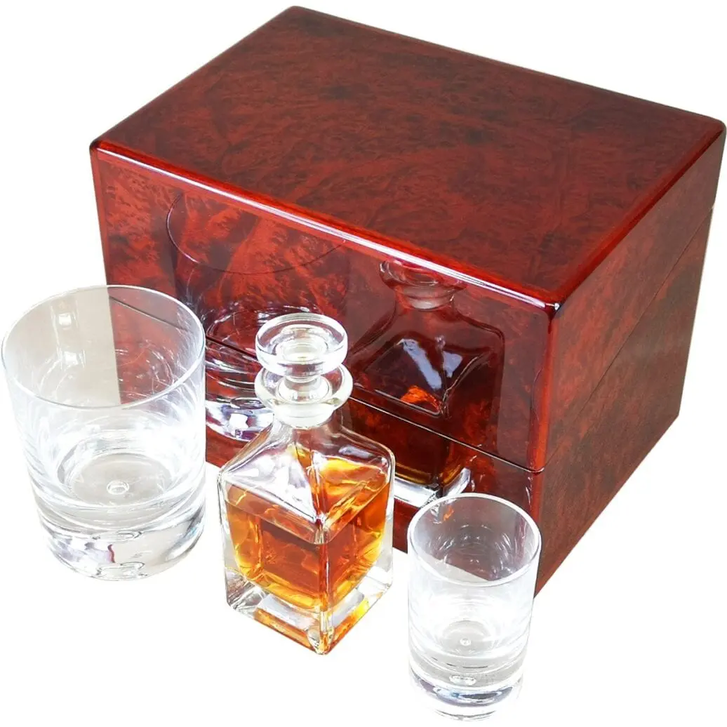Hillwood Mini Decanter , Crystal Whisky Tumbler and Shot Glass Set in a Luxury Makah Burlwood Box - Image 3
