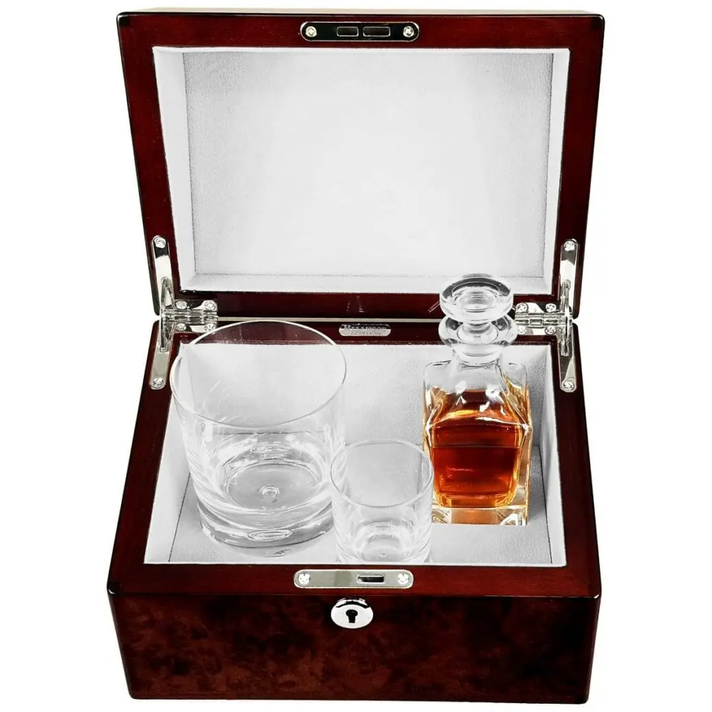 Hillwood Mini Decanter , Crystal Whisky Tumbler and Shot Glass Set in a Luxury  English Burl Walnut Box. - Image 6