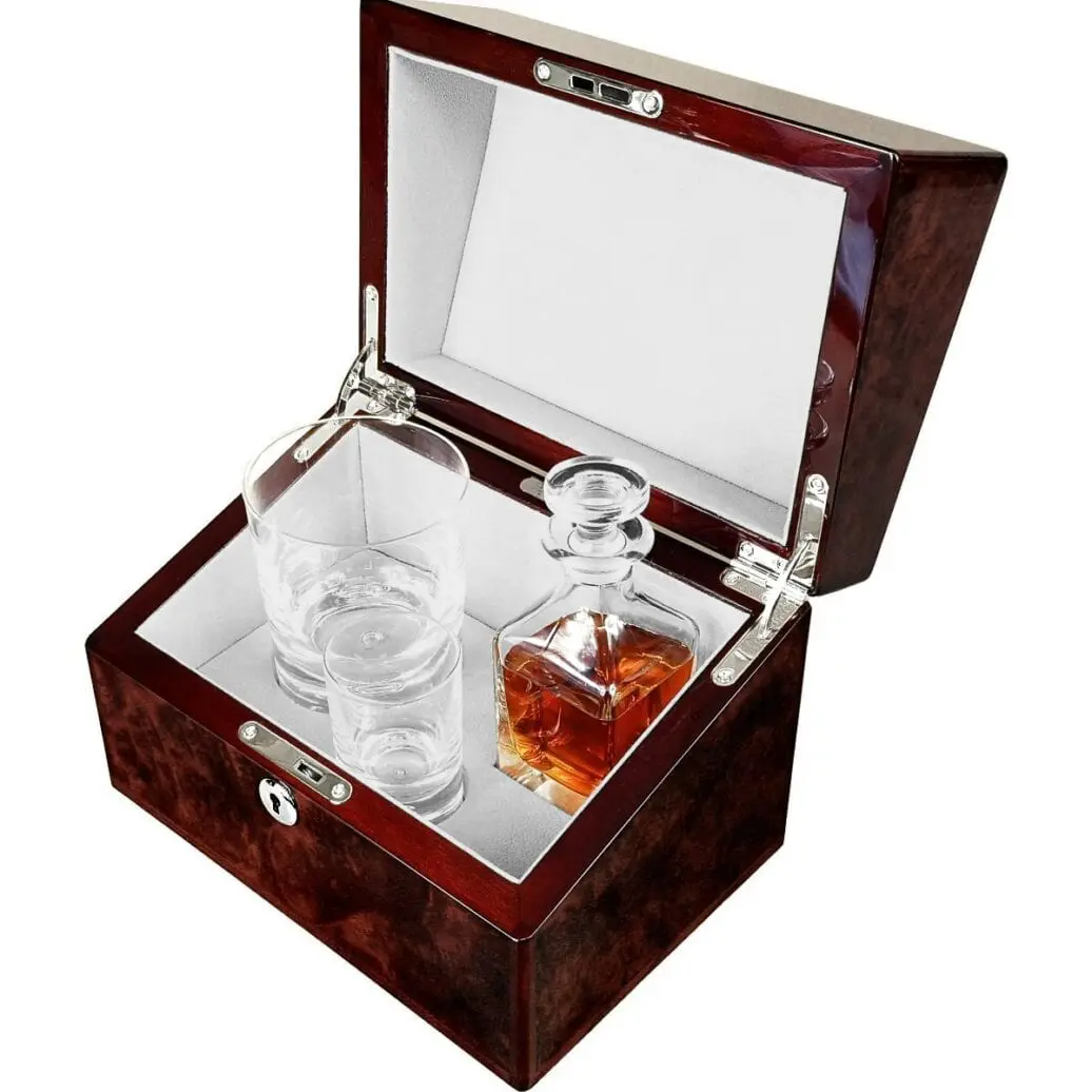 Hillwood Mini Decanter , Crystal Whisky Tumbler and Shot Glass Set in a Luxury  English Burl Walnut Box. - Image 9