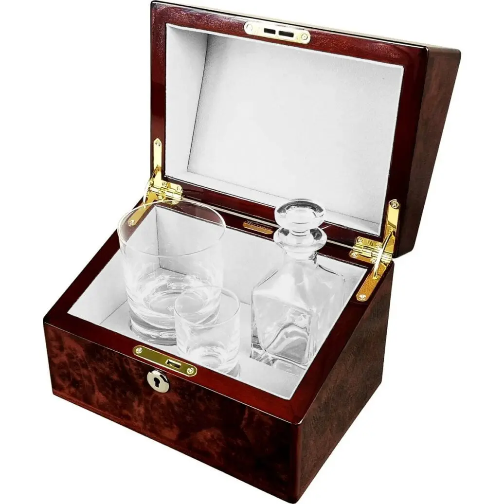 Hillwood Mini Decanter , Crystal Whisky Tumbler and Shot Glass Set in a Luxury  English Burl Walnut Box. - Image 4
