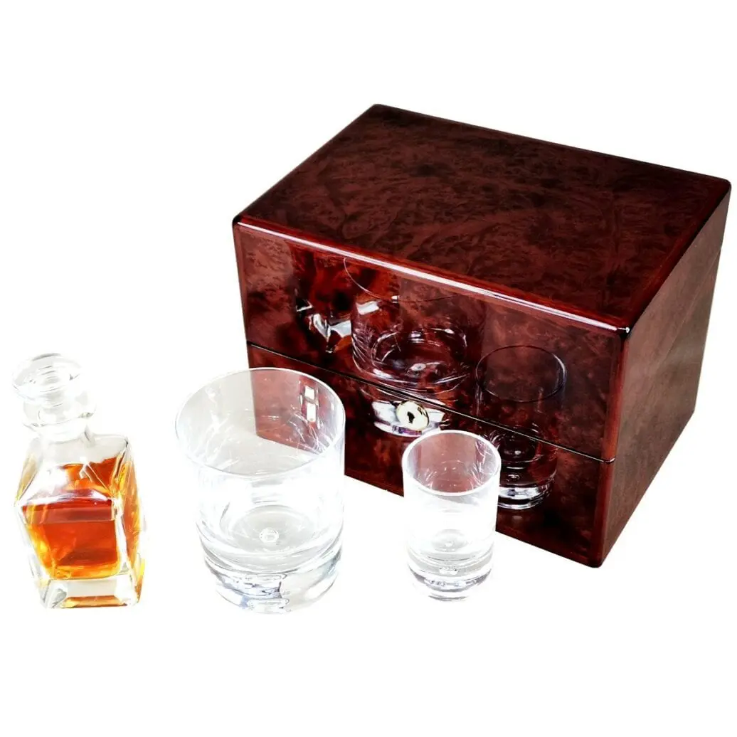 Hillwood Mini Decanter , Crystal Whisky Tumbler and Shot Glass Set in a Luxury  English Burl Walnut Box. - Image 5
