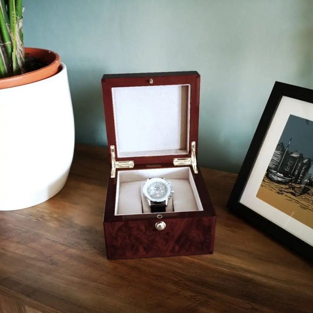 English Burl Walnut Single Watch Storage Box