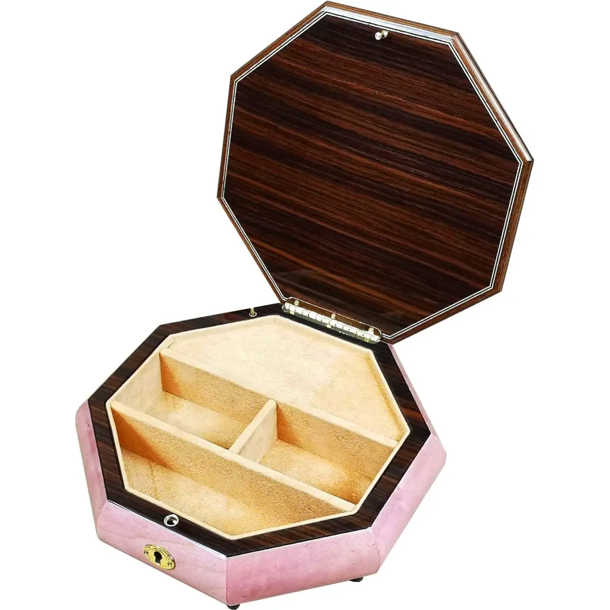 Handcrafted Wooden Octagonal Pink Maple Burl Musical Jewellery Box with Marquetry Inlay - Image 2