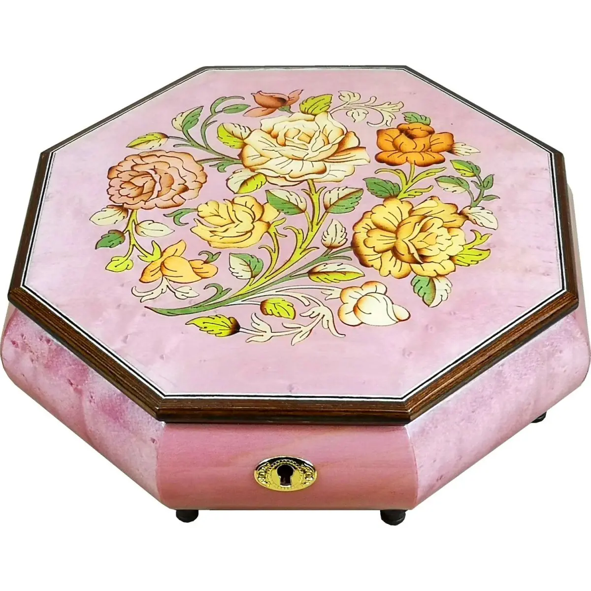 Handcrafted Wooden Octagonal Pink Maple Burl Musical Jewellery Box with Marquetry Inlay - Image 3