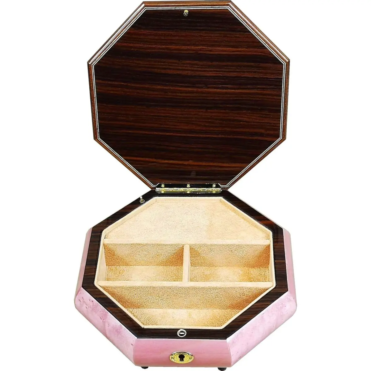 Handcrafted Wooden Octagonal Pink Maple Burl Musical Jewellery Box with Marquetry Inlay - Image 4