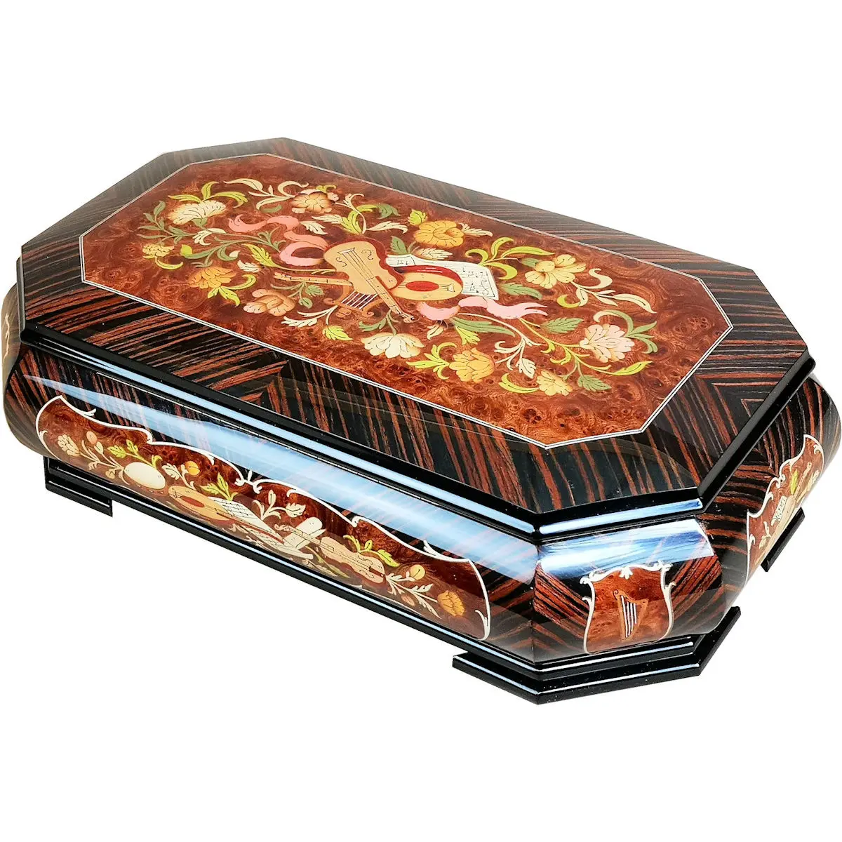 Large Handcrafted Wooden Macassar and Elm Burl Musical Jewellery Box with Marquetry Inlay - Image 8