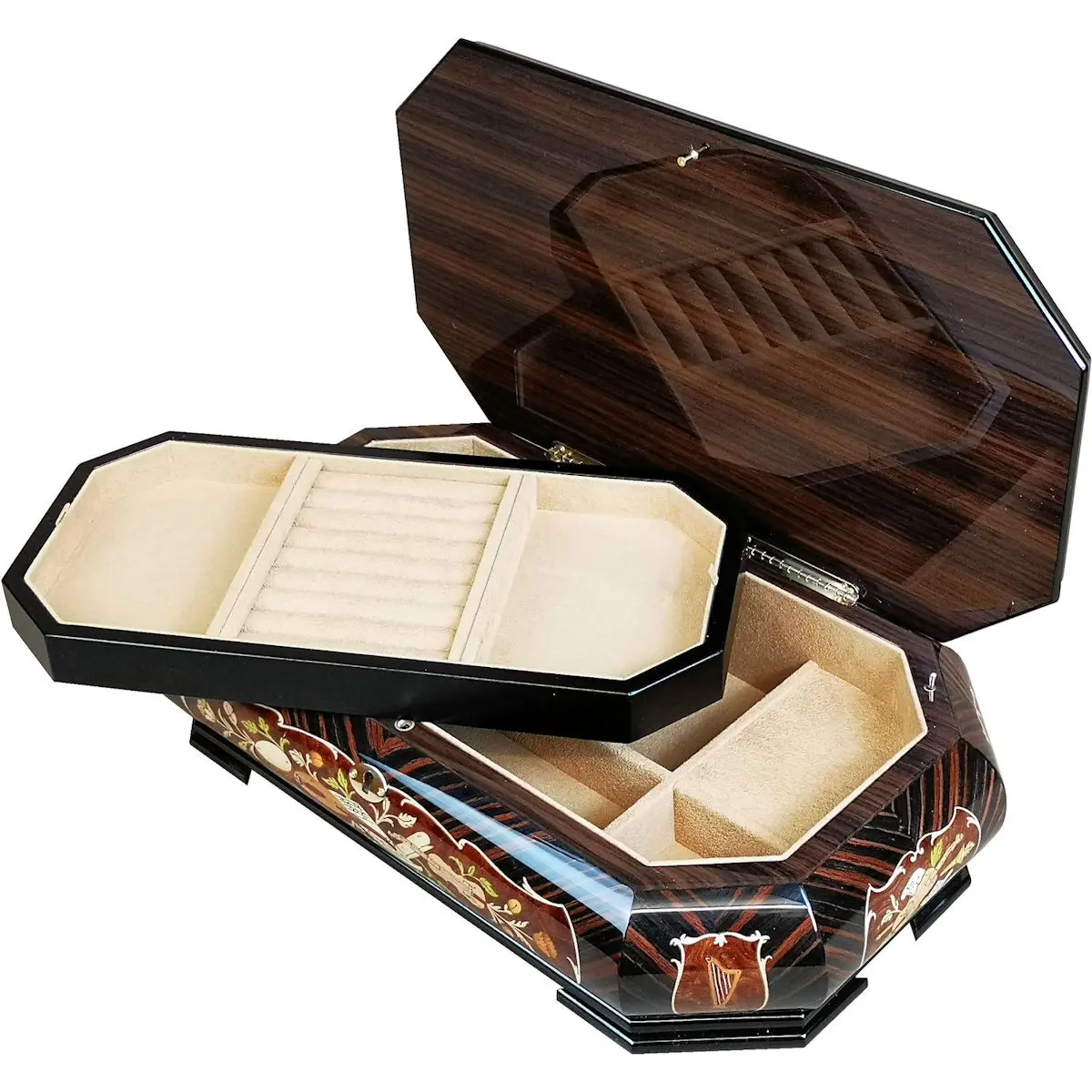 Large Handcrafted Wooden Macassar and Elm Burl Musical Jewellery Box with Marquetry Inlay - Image 2
